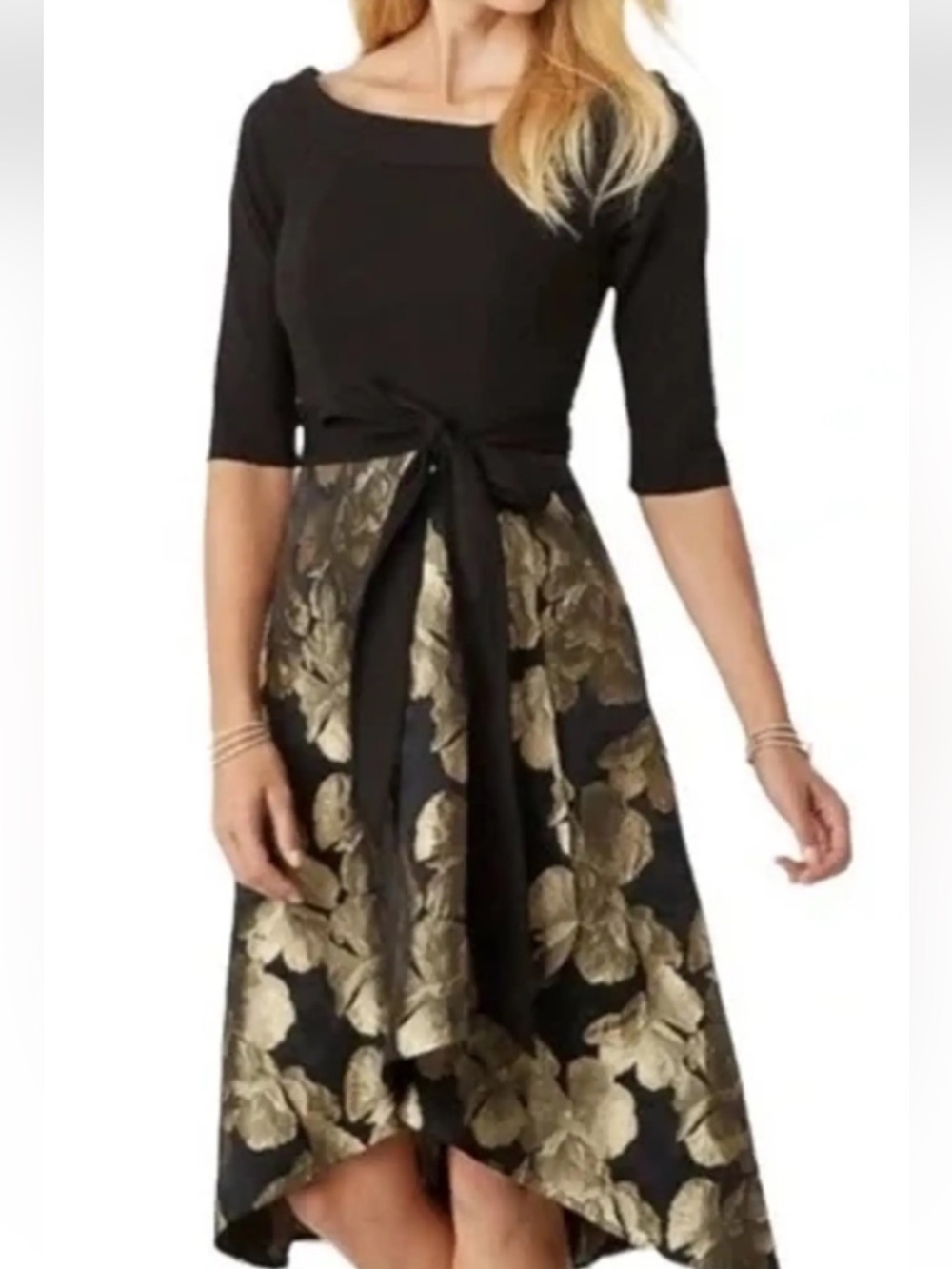 LUXE CARMEN MARC VALVO-BLK/GOLD-SLVLS DRESS-HIGH/LOW HEM-FAUX WRAP-STRETCH-12